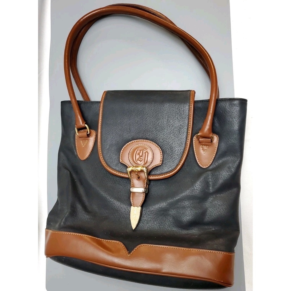 Vtg Charles Hubert Leather Shoulder Tote Bag Black/Brown Equestrian Style